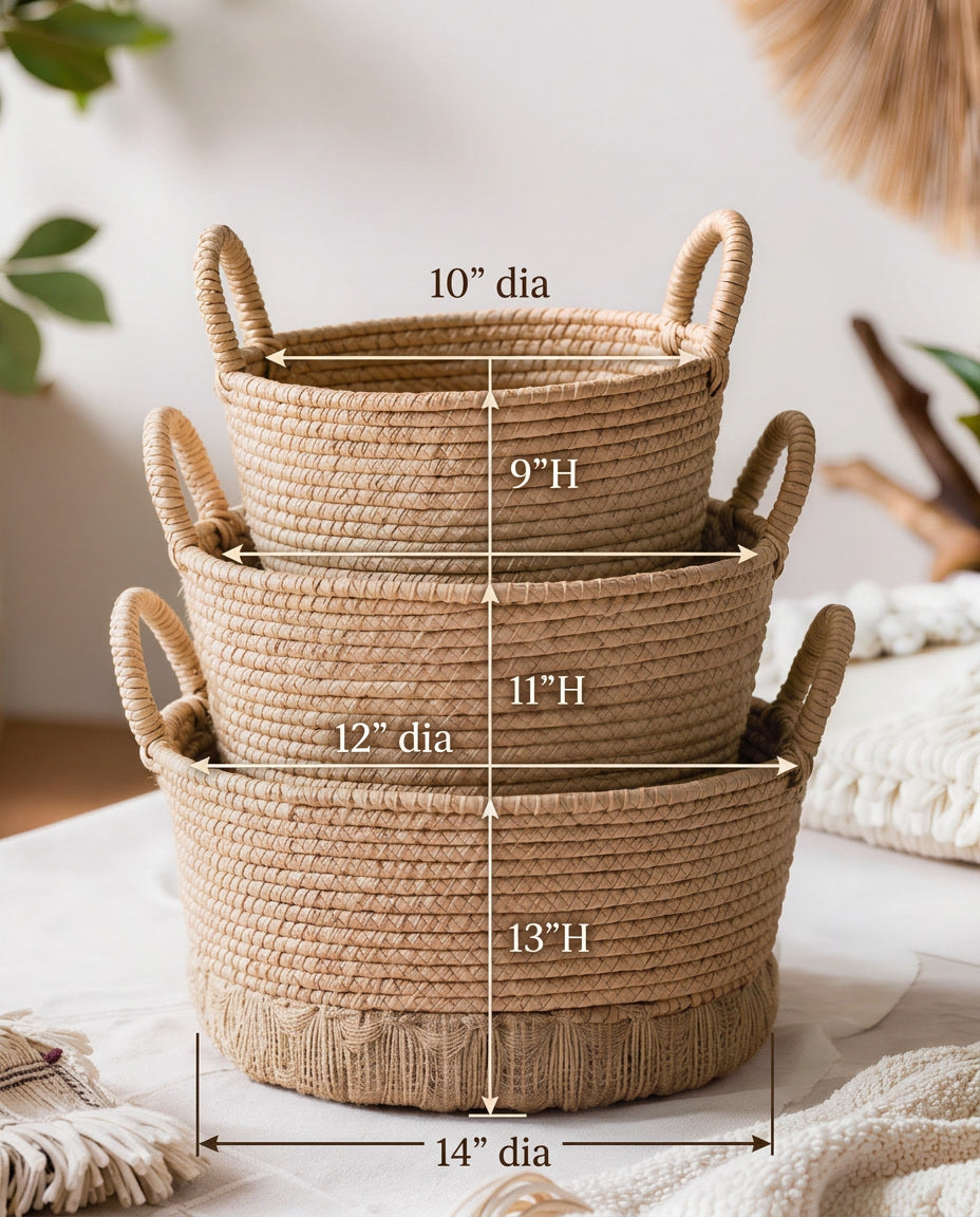 Novarin Round Seagrass Storage Baskets with Braided Handles
