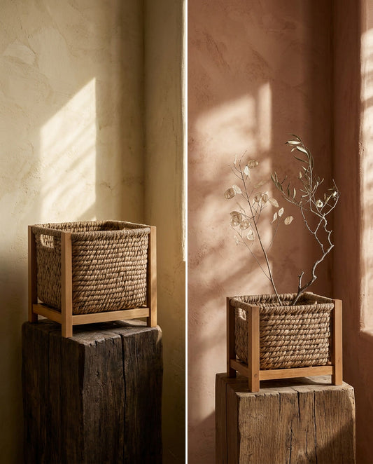 Primevio Water Hyacinth Storage Baskets with Wooden Frame