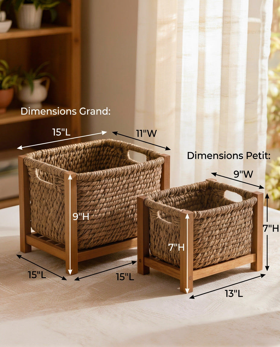 Novarin Water Hyacinth Storage Baskets with Wooden Frame