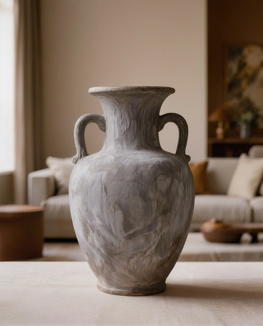 Primevio Grey Wash Fibrestone Decorative Vase with Handles