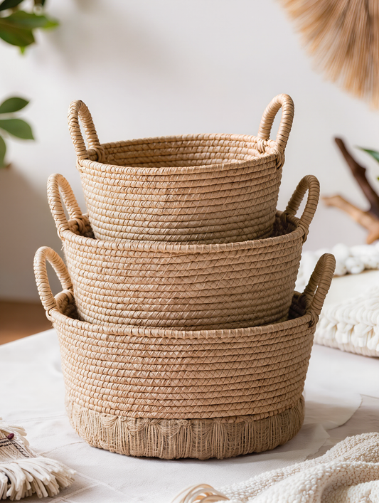 Primevio Round Seagrass Storage Baskets with Braided Handles