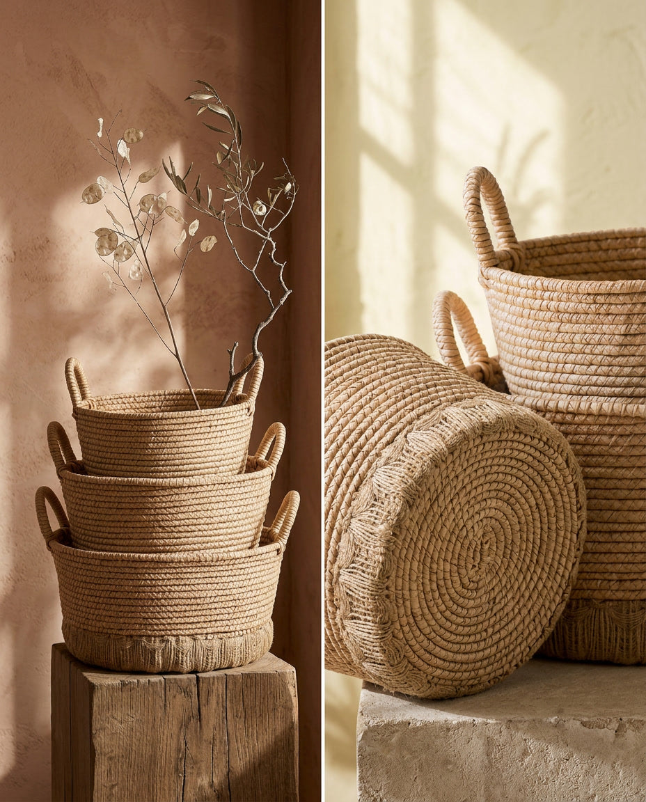 Novarin Round Seagrass Storage Baskets with Braided Handles