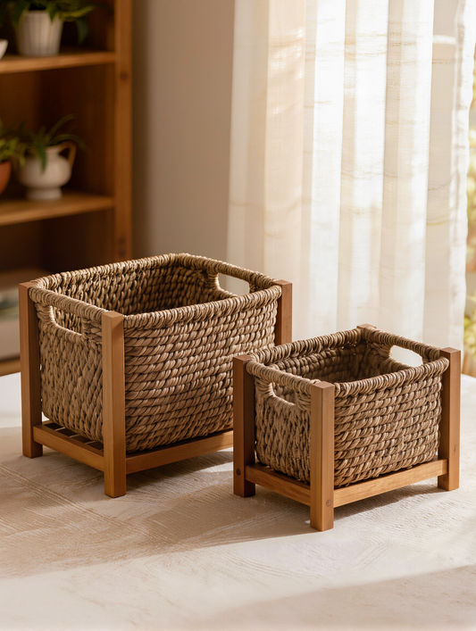 Primevio Water Hyacinth Storage Baskets with Wooden Frame