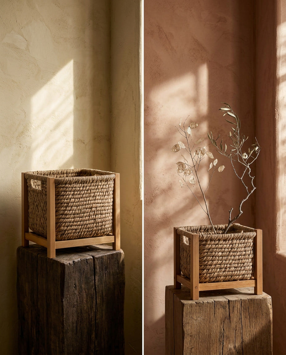 Novarin Water Hyacinth Storage Baskets with Wooden Frame